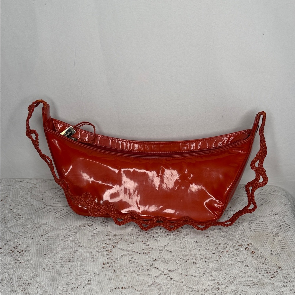 Vintage Stephane Kelian Paris orange red braided rope strap patent leather bag